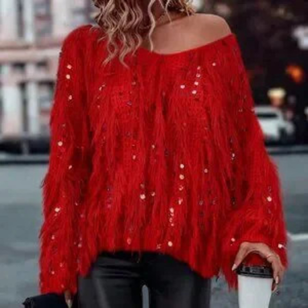 ZARA Red V-Neck Fringe Sequin Women's Party Sweater top